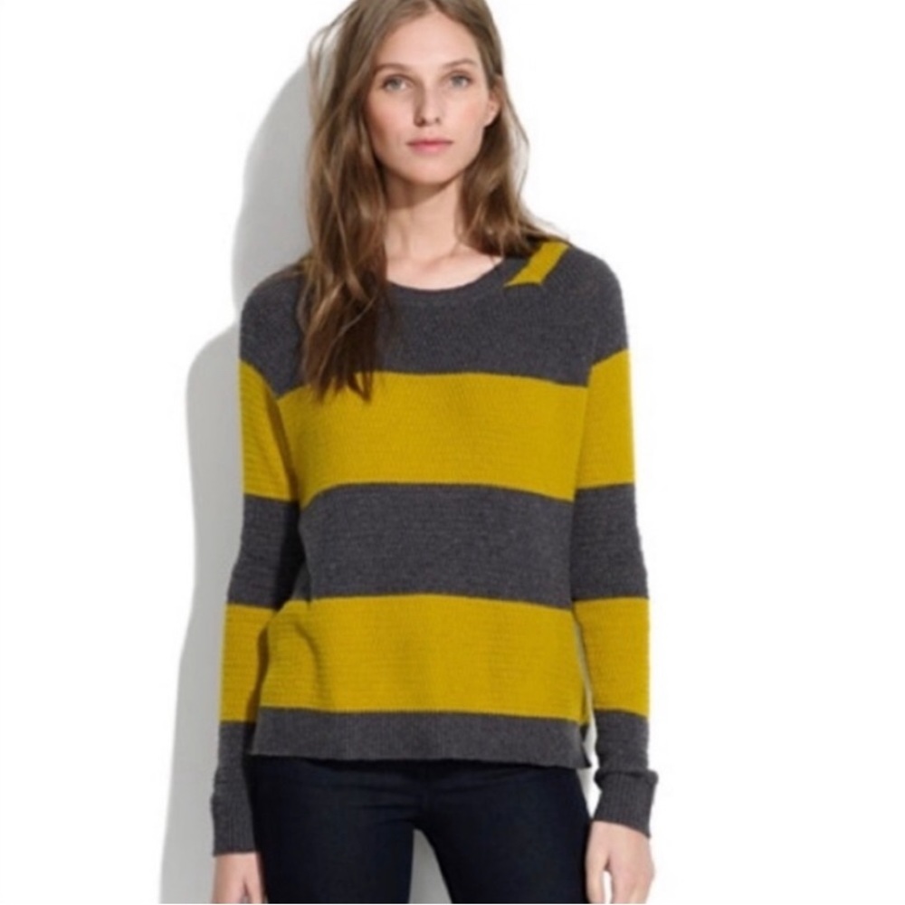 Madewell Gray Yellow Long Sleeve Crew Neck Stripe Knit Sweater Women’s Size S - Picture 2 of 5